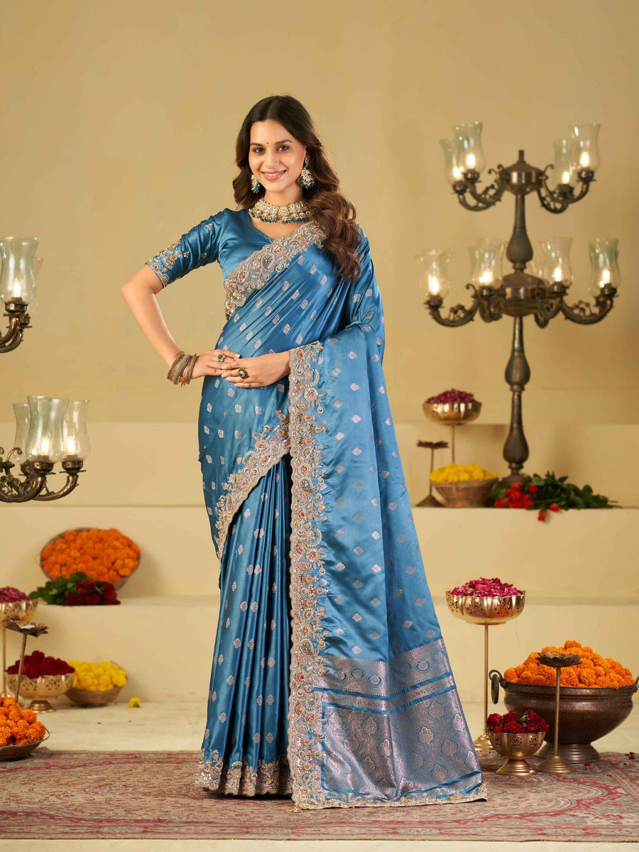 Steel Blue Banarasi Silk Saree with Heavy Embroidered Border & Rich Zari Woven Pallu | Designer Festive Wedding Saree