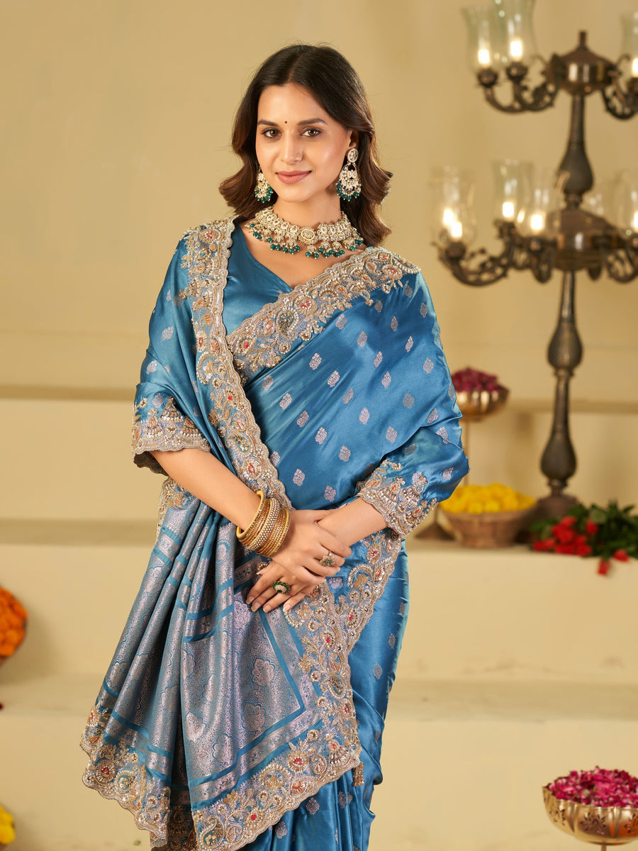 Steel Blue Banarasi Silk Saree with Heavy Embroidered Border & Rich Zari Woven Pallu | Designer Festive Wedding Saree