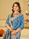 Steel Blue Banarasi Silk Saree with Heavy Embroidered Border & Rich Zari Woven Pallu | Designer Festive Wedding Saree