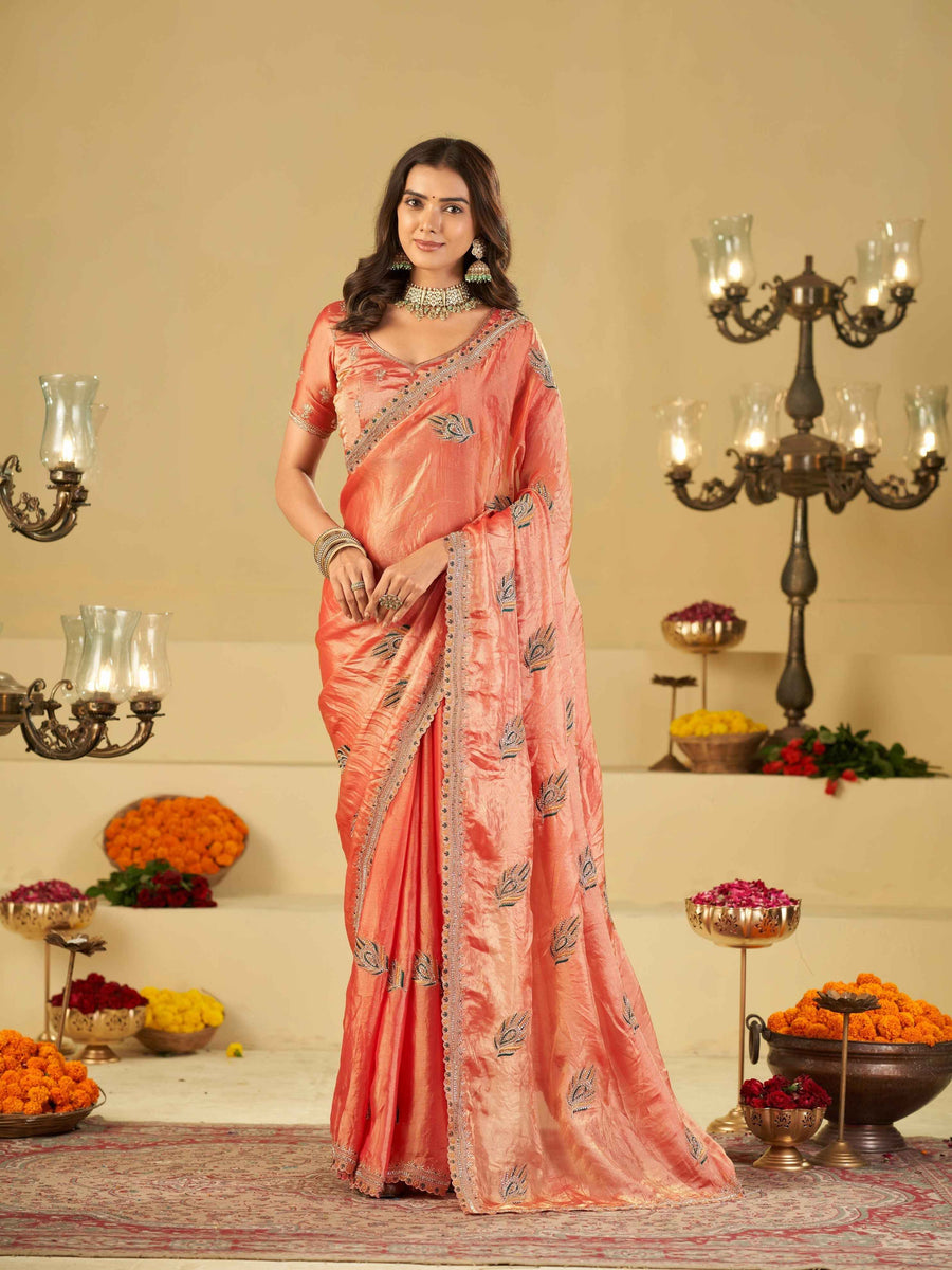 Peach Pink Designer Fendy Satin Saree with Embroidered Peacock Feather Motifs & Lace Border | Premium Festive Party Wear Saree