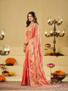 Peach Pink Designer Fendy Satin Saree with Embroidered Peacock Feather Motifs & Lace Border | Premium Festive Party Wear Saree