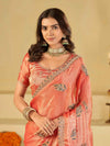 Peach Pink Designer Fendy Satin Saree with Embroidered Peacock Feather Motifs & Lace Border | Premium Festive Party Wear Saree