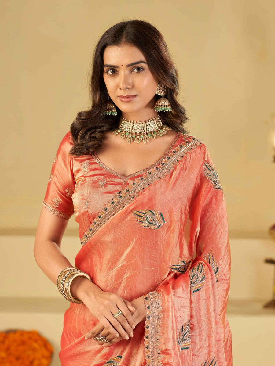 Peach Pink Designer Fendy Satin Saree with Embroidered Peacock Feather Motifs & Lace Border | Premium Festive Party Wear Saree
