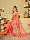 Peach Pink Designer Fendy Satin Saree with Embroidered Peacock Feather Motifs & Lace Border | Premium Festive Party Wear Saree