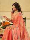 Peach Pink Designer Fendy Satin Saree with Embroidered Peacock Feather Motifs & Lace Border | Premium Festive Party Wear Saree