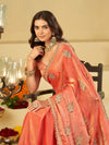 Peach Pink Designer Fendy Satin Saree with Embroidered Peacock Feather Motifs & Lace Border | Premium Festive Party Wear Saree
