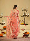 Peach Pink Designer Fendy Satin Saree with Embroidered Peacock Feather Motifs & Lace Border | Premium Festive Party Wear Saree