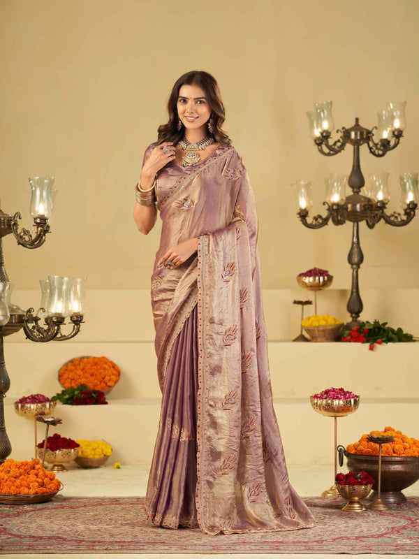 Lavender Designer Fendy Satin Saree with Embroidered Leaf Motifs & Lace Border | Premium Festive Party Wear Saree with Matching Blouse