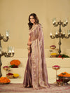 Lavender Designer Fendy Satin Saree with Embroidered Leaf Motifs & Lace Border | Premium Festive Party Wear Saree with Matching Blouse