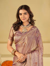 Lavender Designer Fendy Satin Saree with Embroidered Leaf Motifs & Lace Border | Premium Festive Party Wear Saree with Matching Blouse