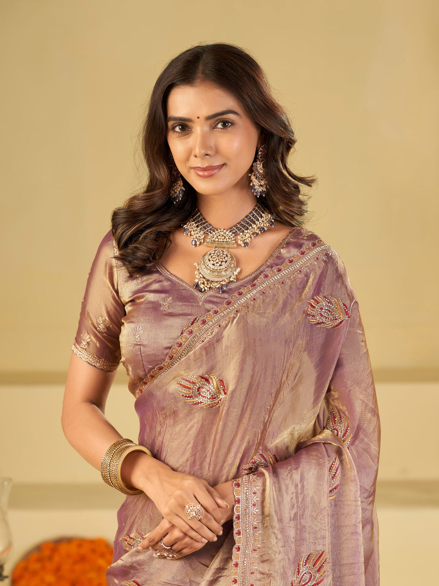 Lavender Designer Fendy Satin Saree with Embroidered Leaf Motifs & Lace Border | Premium Festive Party Wear Saree with Matching Blouse