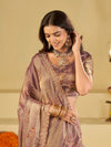 Lavender Designer Fendy Satin Saree with Embroidered Leaf Motifs & Lace Border | Premium Festive Party Wear Saree with Matching Blouse