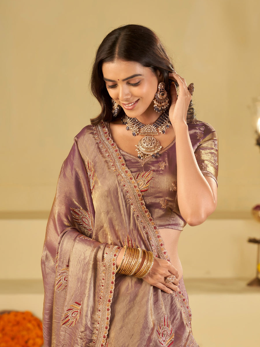 Lavender Designer Fendy Satin Saree with Embroidered Leaf Motifs & Lace Border | Premium Festive Party Wear Saree with Matching Blouse