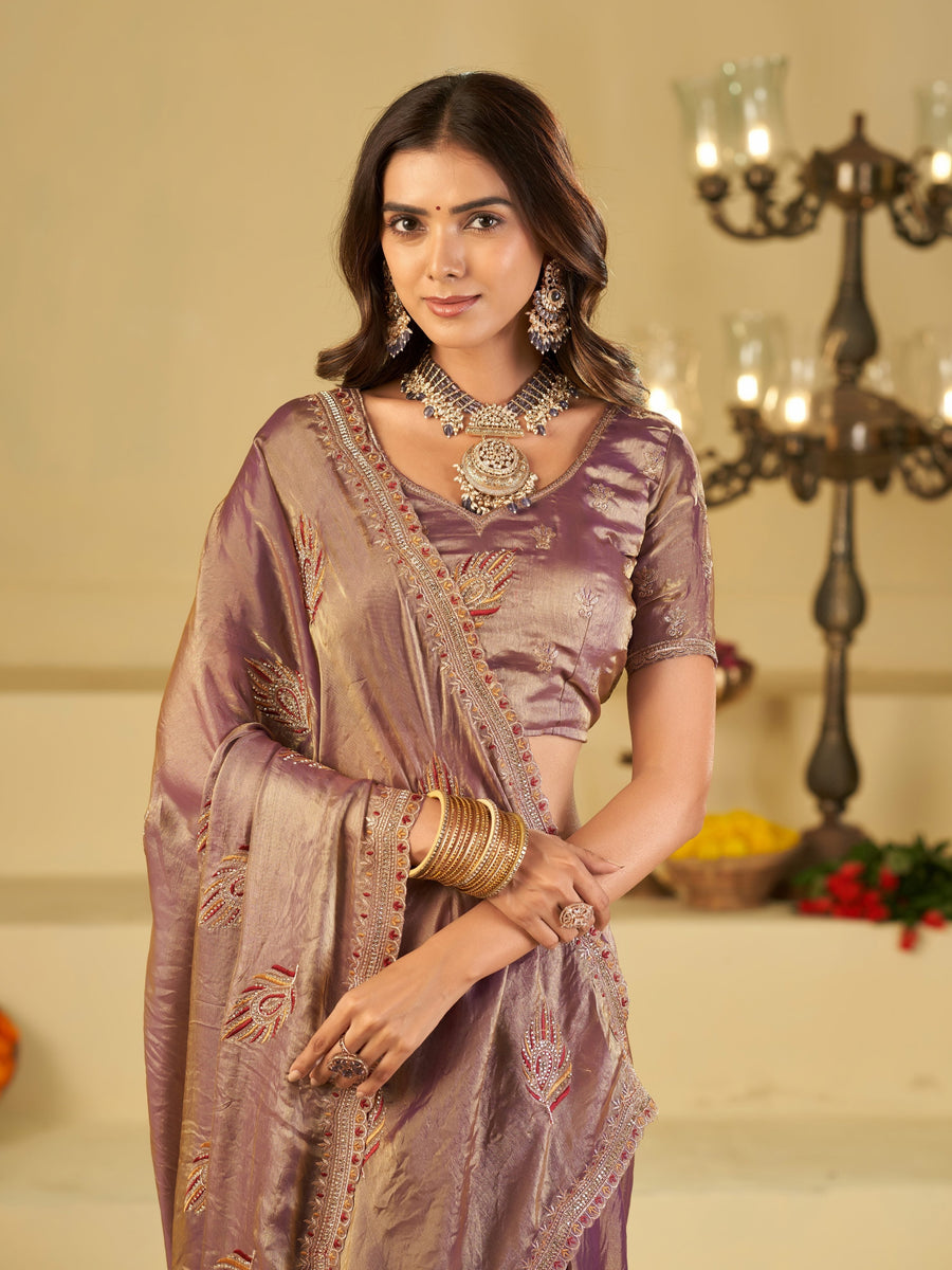 Lavender Designer Fendy Satin Saree with Embroidered Leaf Motifs & Lace Border | Premium Festive Party Wear Saree with Matching Blouse