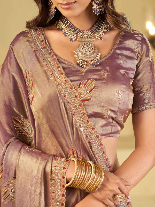 Lavender Designer Fendy Satin Saree with Embroidered Leaf Motifs & Lace Border | Premium Festive Party Wear Saree with Matching Blouse