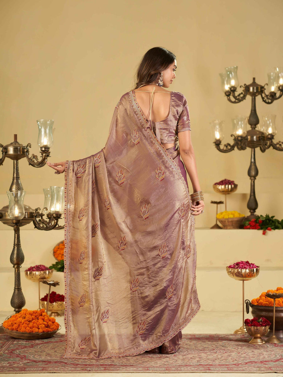 Lavender Designer Fendy Satin Saree with Embroidered Leaf Motifs & Lace Border | Premium Festive Party Wear Saree with Matching Blouse