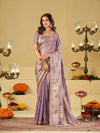 Lavender Purple Designer Fendy Satin Saree with Embroidered Leaf Motifs & Lace Border | Premium Festive Party Wear Saree with Matching Blouse