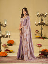 Lavender Purple Designer Fendy Satin Saree with Embroidered Leaf Motifs & Lace Border | Premium Festive Party Wear Saree with Matching Blouse