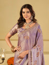 Lavender Purple Designer Fendy Satin Saree with Embroidered Leaf Motifs & Lace Border | Premium Festive Party Wear Saree with Matching Blouse