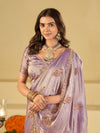 Lavender Purple Designer Fendy Satin Saree with Embroidered Leaf Motifs & Lace Border | Premium Festive Party Wear Saree with Matching Blouse