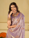 Lavender Purple Designer Fendy Satin Saree with Embroidered Leaf Motifs & Lace Border | Premium Festive Party Wear Saree with Matching Blouse