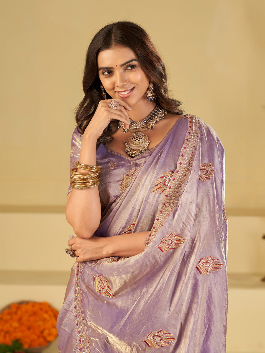 Lavender Purple Designer Fendy Satin Saree with Embroidered Leaf Motifs & Lace Border | Premium Festive Party Wear Saree with Matching Blouse
