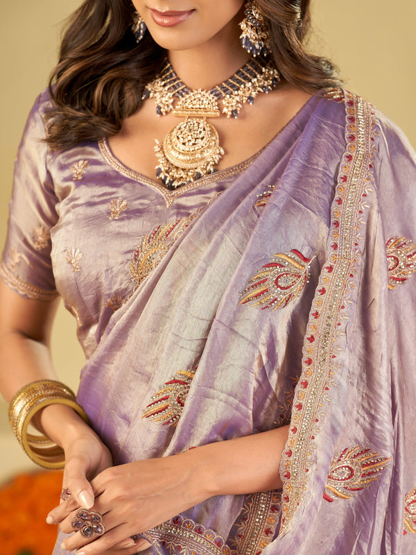 Lavender Purple Designer Fendy Satin Saree with Embroidered Leaf Motifs & Lace Border | Premium Festive Party Wear Saree with Matching Blouse