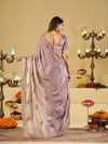 Lavender Purple Designer Fendy Satin Saree with Embroidered Leaf Motifs & Lace Border | Premium Festive Party Wear Saree with Matching Blouse