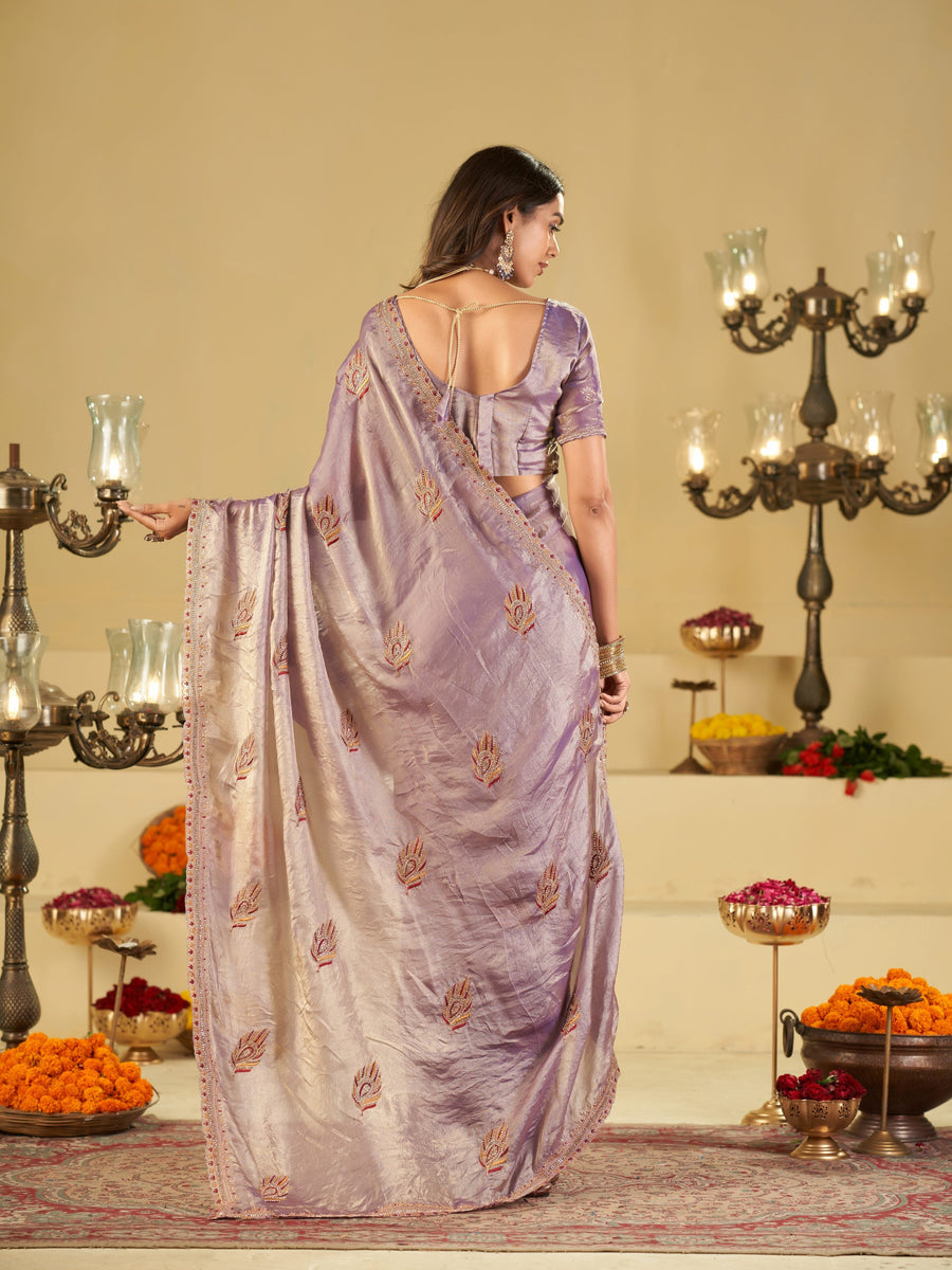 Lavender Purple Designer Fendy Satin Saree with Embroidered Leaf Motifs & Lace Border | Premium Festive Party Wear Saree with Matching Blouse