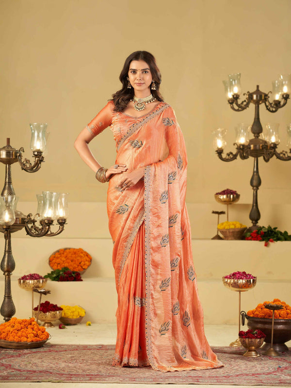 Peach Designer Fendy Satin Saree with Embroidered Leaf Motifs & Lace Border | Premium Festive Party Wear Saree with Matching Blouse