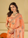 Peach Designer Fendy Satin Saree with Embroidered Leaf Motifs & Lace Border | Premium Festive Party Wear Saree with Matching Blouse