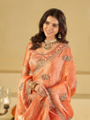 Peach Designer Fendy Satin Saree with Embroidered Leaf Motifs & Lace Border | Premium Festive Party Wear Saree with Matching Blouse
