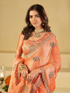 Peach Designer Fendy Satin Saree with Embroidered Leaf Motifs & Lace Border | Premium Festive Party Wear Saree with Matching Blouse