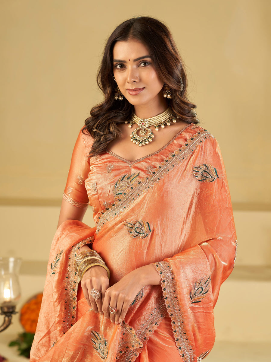 Peach Designer Fendy Satin Saree with Embroidered Leaf Motifs & Lace Border | Premium Festive Party Wear Saree with Matching Blouse