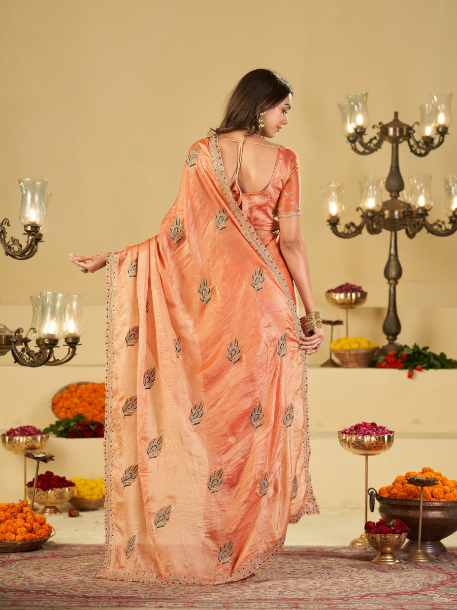 Peach Designer Fendy Satin Saree with Embroidered Leaf Motifs & Lace Border | Premium Festive Party Wear Saree with Matching Blouse