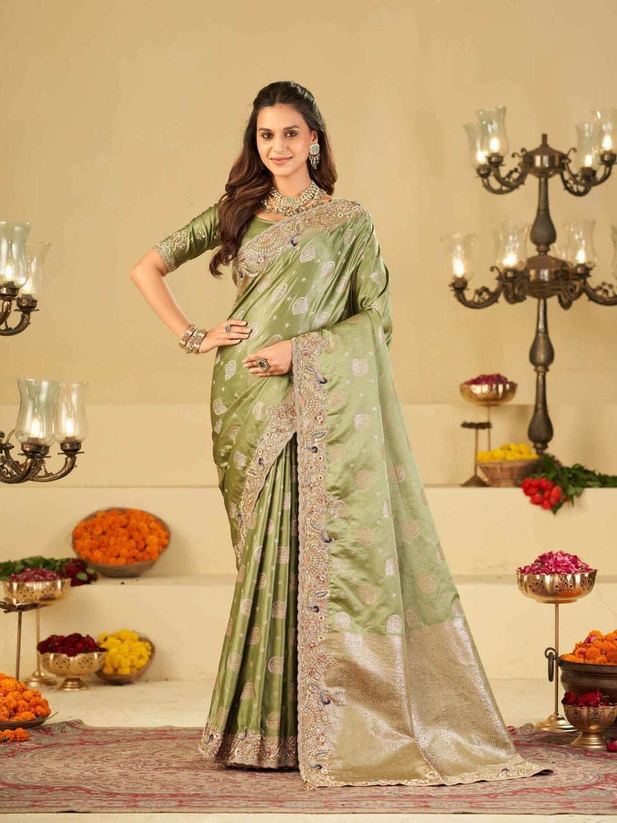 Sage Green Banarasi Silk Saree with Heavy Embroidered Scallop Border & Rich Zari Woven Pallu | Designer Wedding Festive Saree