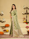 Sage Green Banarasi Silk Saree with Heavy Embroidered Scallop Border & Rich Zari Woven Pallu | Designer Wedding Festive Saree