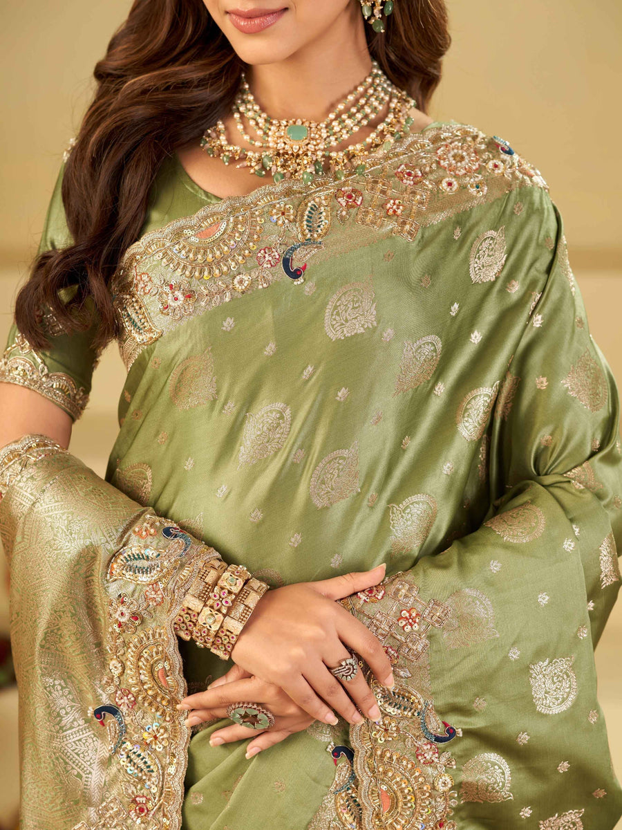 Sage Green Banarasi Silk Saree with Heavy Embroidered Scallop Border & Rich Zari Woven Pallu | Designer Wedding Festive Saree