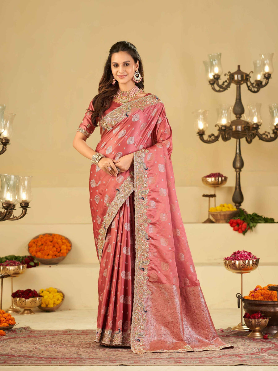 Rose Pink Banarasi Silk Saree with Heavy Embroidered Scallop Border & Rich Zari Woven Pallu | Designer Wedding Festive Saree