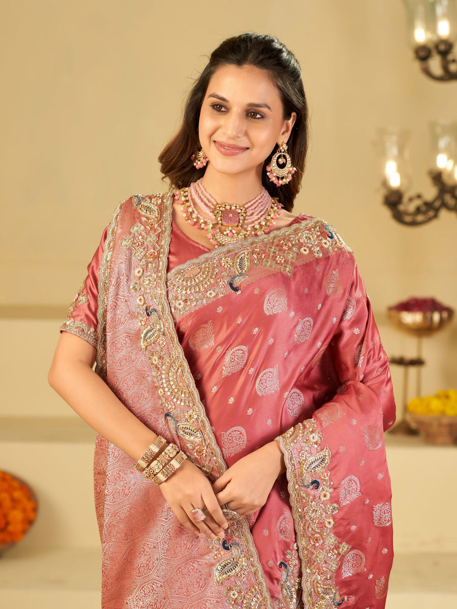 Rose Pink Banarasi Silk Saree with Heavy Embroidered Scallop Border & Rich Zari Woven Pallu | Designer Wedding Festive Saree