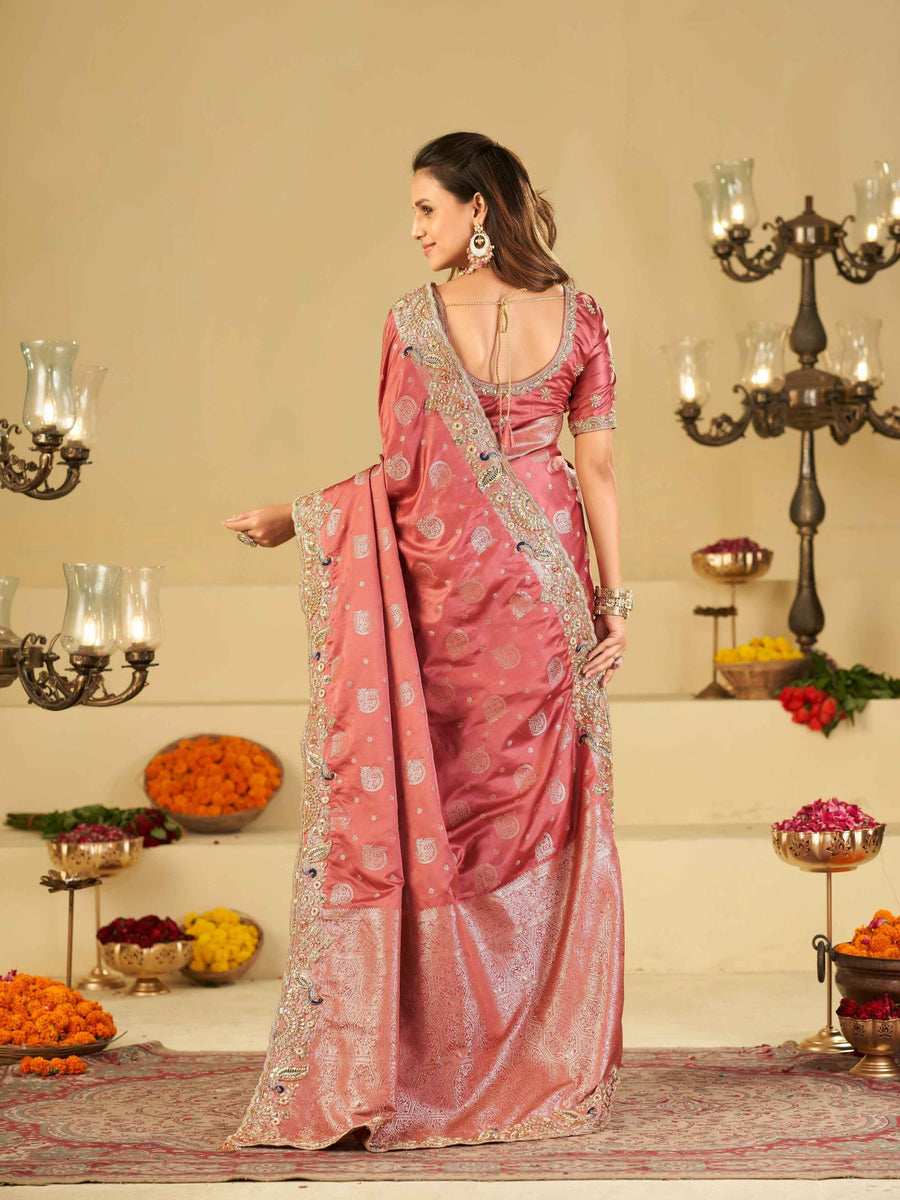 Rose Pink Banarasi Silk Saree with Heavy Embroidered Scallop Border & Rich Zari Woven Pallu | Designer Wedding Festive Saree