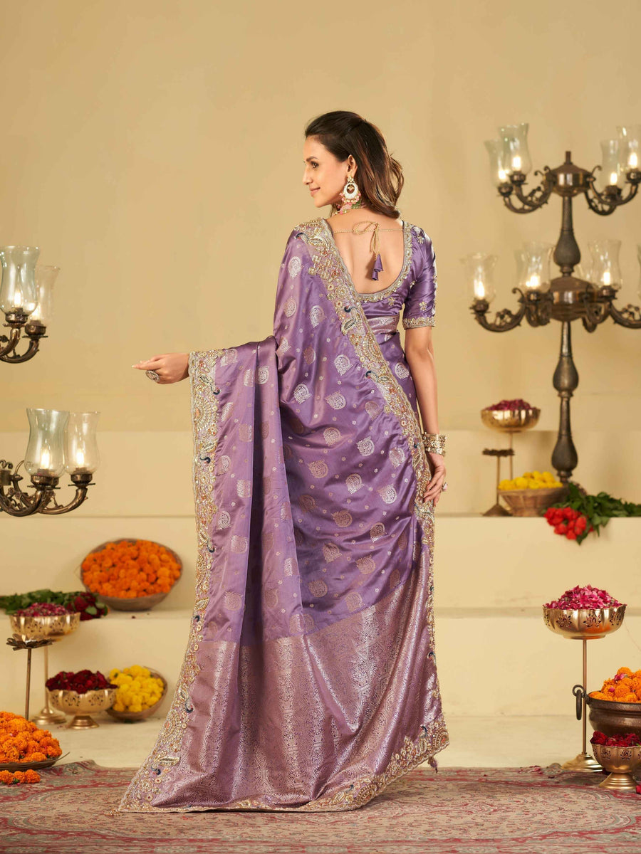 Lavender Purple Banarasi Silk Saree with Heavy Embroidered Scallop Border & Rich Zari Woven Pallu | Designer Wedding Festive Saree