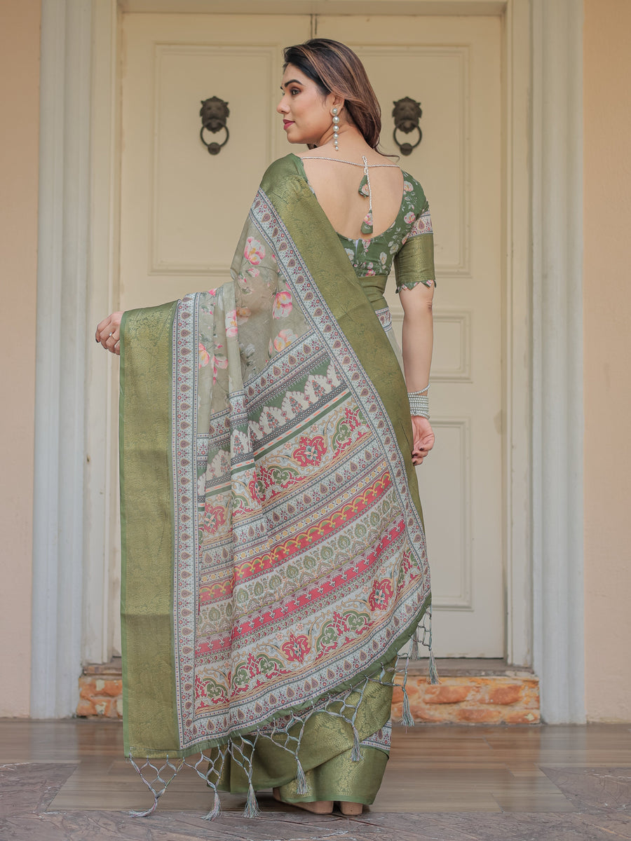 Olive Green Floral Printed Handloom Cotton Saree with Woven Zari Border & Traditional Pallu