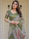 Olive Green Floral Printed Handloom Cotton Saree with Woven Zari Border & Traditional Pallu