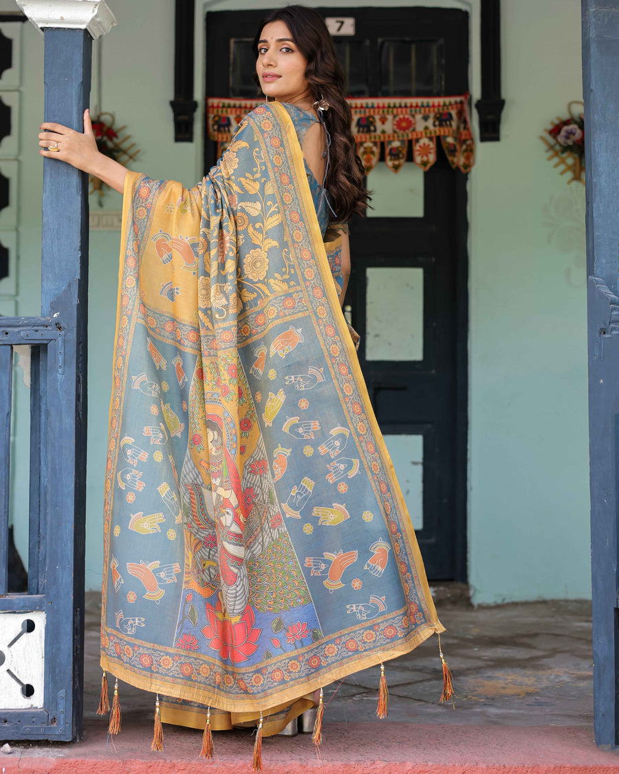 Mustard Blue Handloom Cotton Saree with Mudra Motifs & Goddess Saraswati Pallu