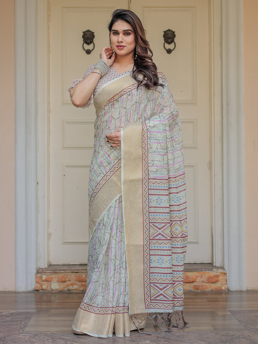 Pastel Grey Geometric Printed Handloom Cotton Saree with Woven Zari Border & Ethnic Pallu