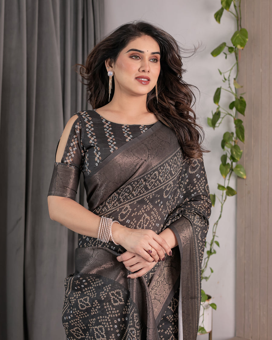 Charcoal Black Handloom Linen Saree with Ivory Tribal Bandhani Print & Zari Border | Tassel Pallu | 5.5m Saree + 0.8m Blouse