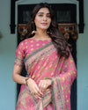 Rani Pink Handloom Cotton Saree with Yellow Floral Print & Royal Horse Pallu
