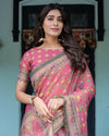 Rani Pink Handloom Cotton Saree with Yellow Floral Print & Royal Horse Pallu
