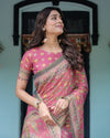 Rani Pink Handloom Cotton Saree with Yellow Floral Print & Royal Horse Pallu